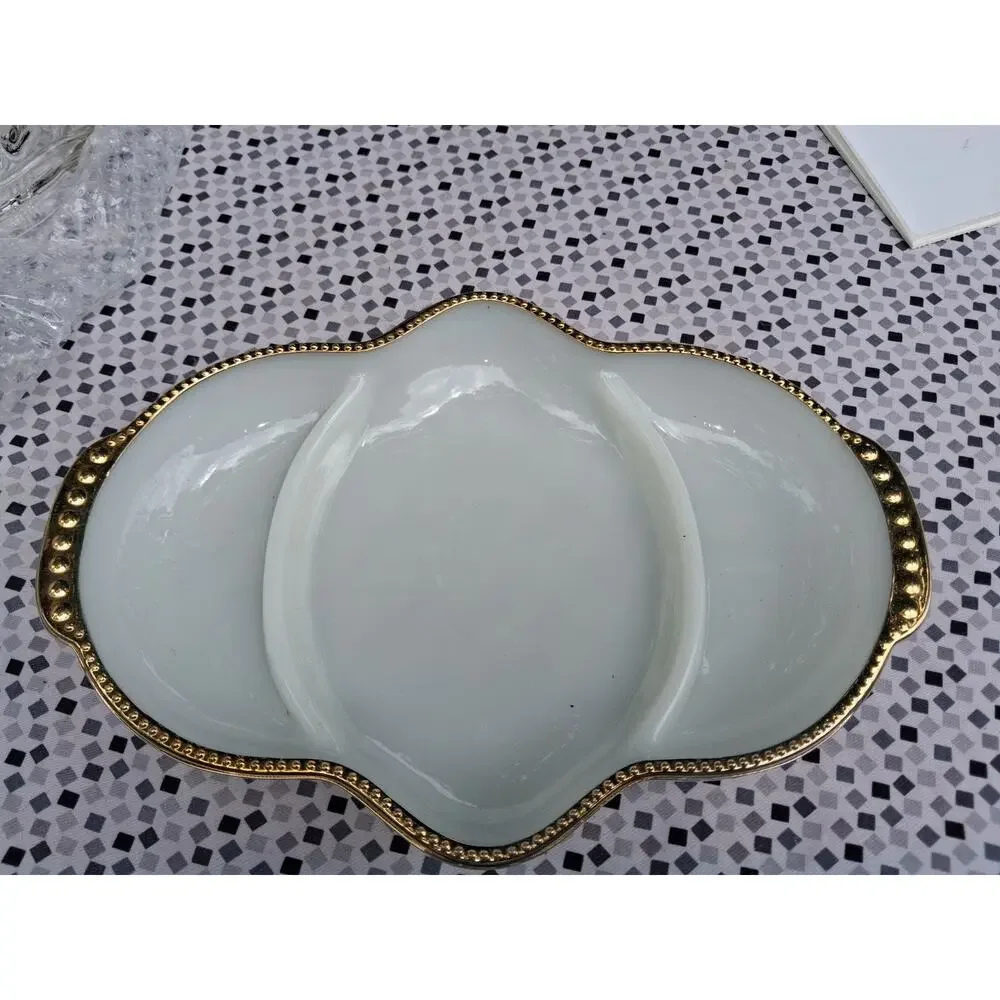 Fire-King Anchor Hocking Oven Ware Milk Glass Divided Dish-Gold Trim 11
